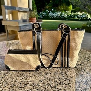 MAXX NEW YORK Cream Woven Pattern Tote with Wristlet Black Leather Accents